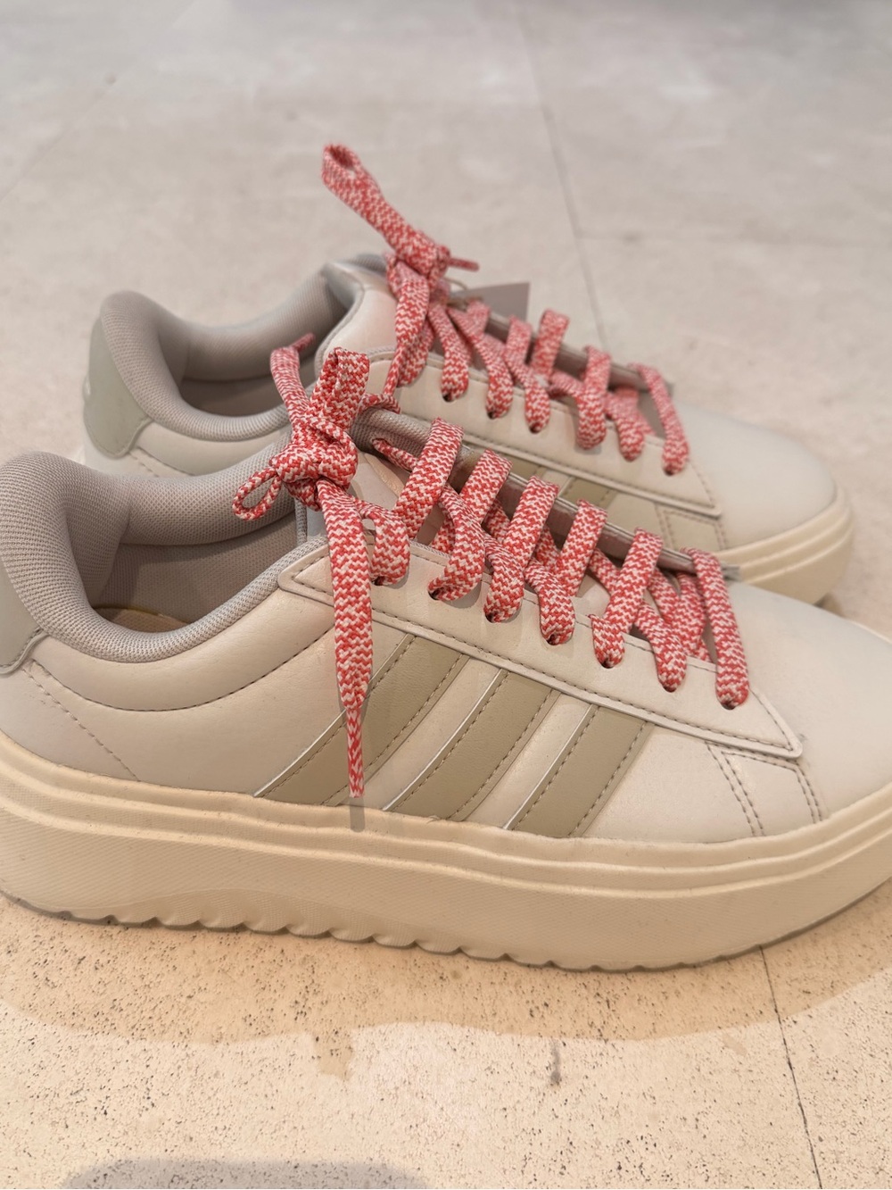 adidas Cream Platform Sneakers with Pink Patterned Laces
